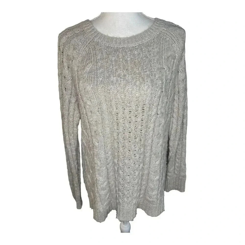 American Eagle Outfitters Large Tan & Gold‎ Metallic Warm Cable Knit Sweater